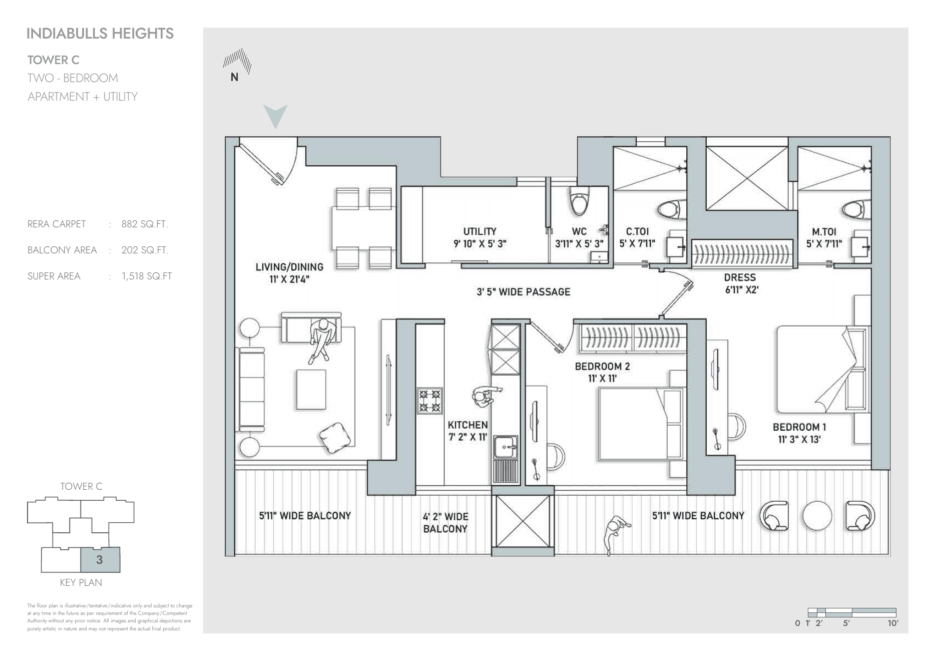 2 BHK + Utility β Tower C β 1,518 sq.ft super area