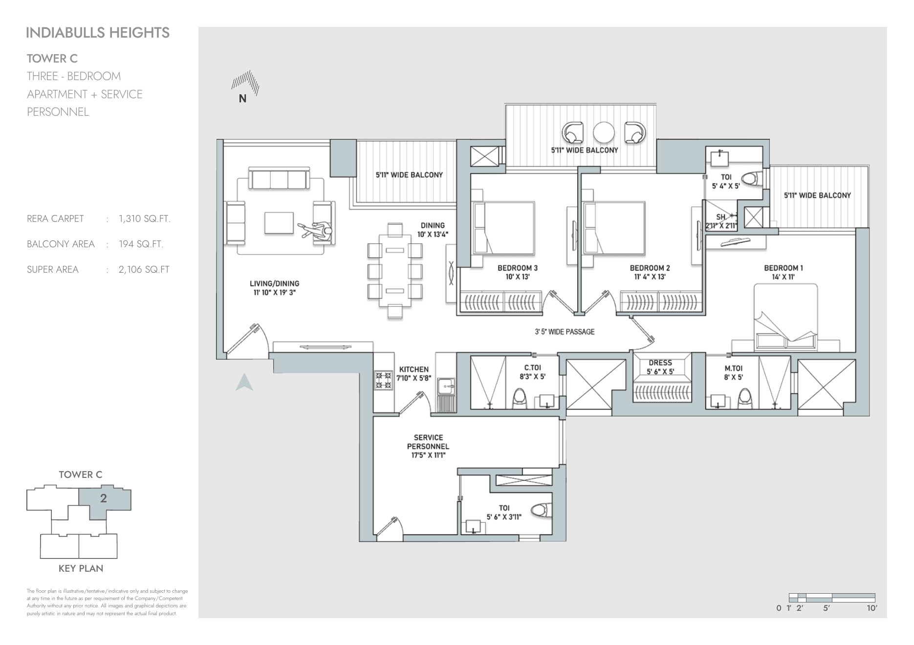 3 BHK + Service Personnel β Tower C β 2,106 sq.ft super area