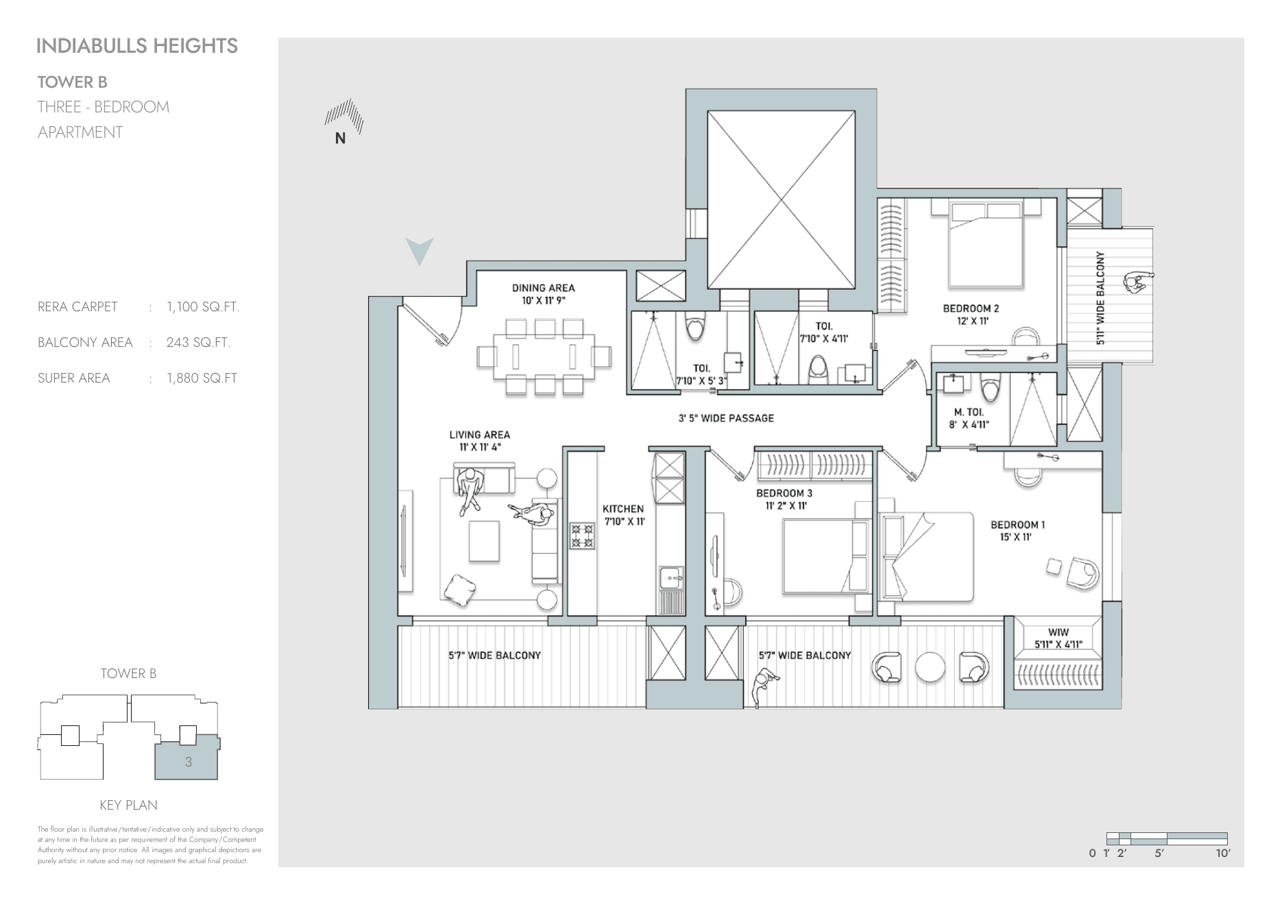 3 BHK β Tower B β 1,880 sq.ft super area