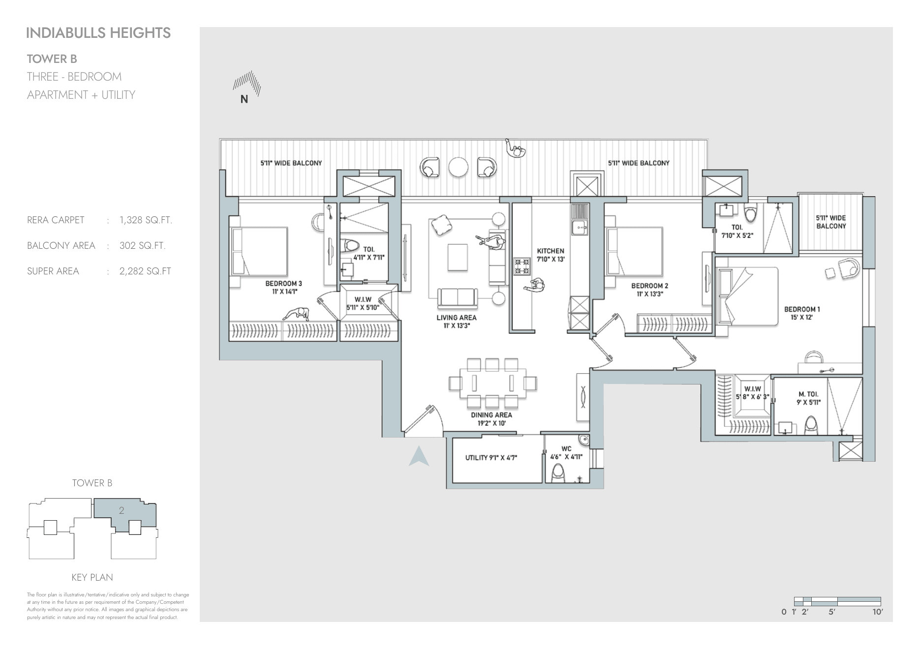 3 BHK + Utility β Tower B β 2,282 sq.ft super area